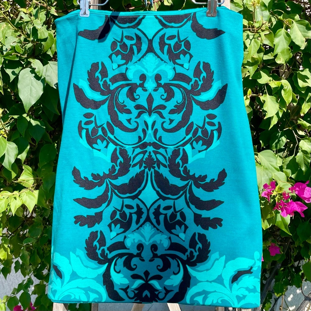 New York & Co Teal Stretch Pencil Skirt w/Black Floral Damask Design & Slit back
